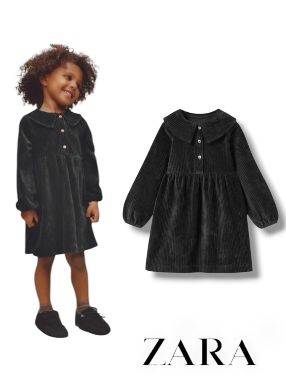 Zara Baby Girl Black Corduroy Dress Peter Pan Collar NWT 3T